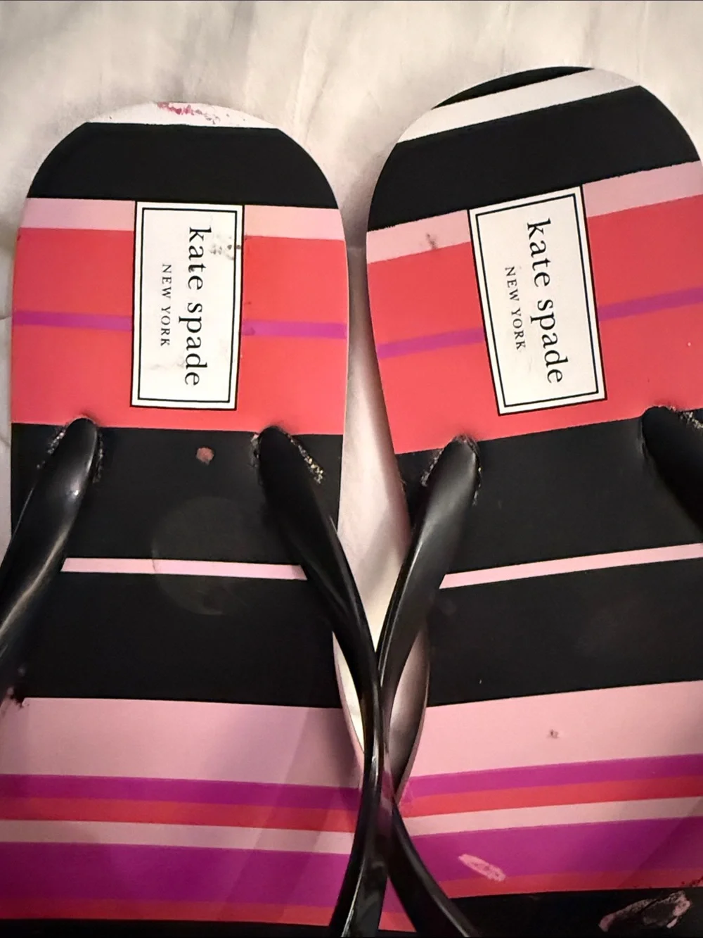 kate spade Black and Pink Striped Bow Flip Sandals